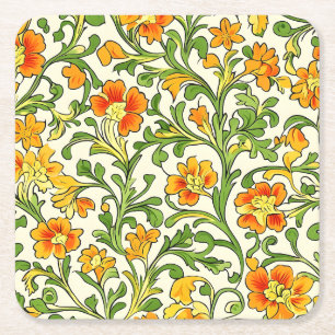 Art Nouveau oranje en geel bloempatroon Vierkante Kartonnen Onderzetter