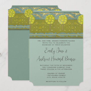 Art Nouveau Orchard  Bird Wedding Invitate Kaart
