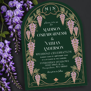 Art Nouveau Paarse Wisteria Roze Gouden Trouwboog Kaart