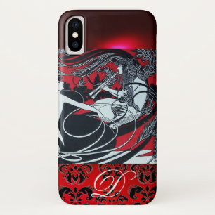 ART NOUVEAU PAN, RODE ZWARTE WITTE DAMAST MONOGRAA iPhone X HOESJE