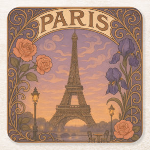 Art Nouveau Parijs Eiffeltoren Bloemen Vierkante Kartonnen Onderzetter
