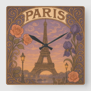 Art Nouveau Parijs Eiffeltoren Bloemen Vierkante Klok