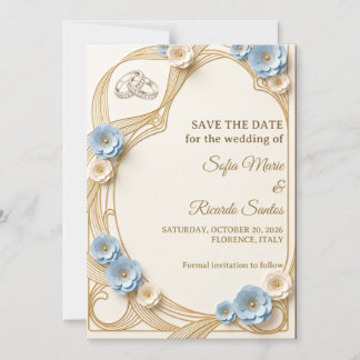 Art Nouveau Pastelblauw Gouden Trouw Save The Date Magnetische Uitnodiging