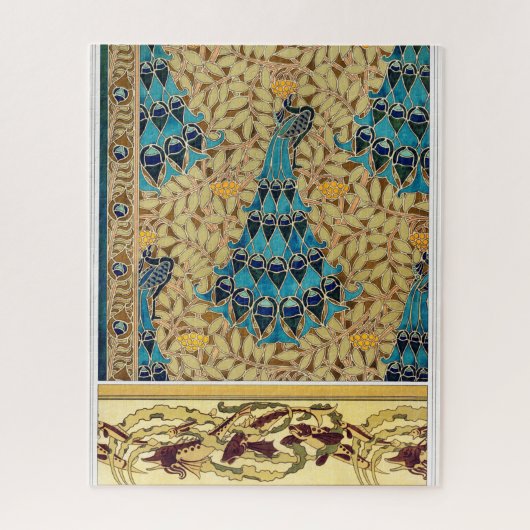 Art nouveau pauw textiel deco verneuil blauw legpuzzel (Verticaal)