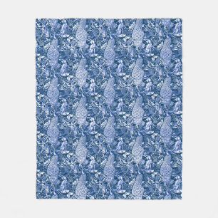 Art Nouveau Pauwprint, Marineblauw en Wit Fleece Deken