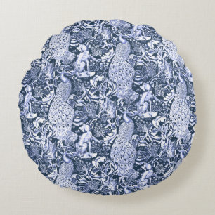 Art Nouveau Pauwprint, Marineblauw en Wit Rond Kussen
