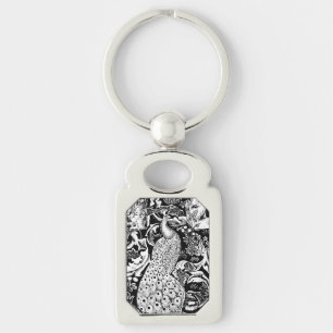 Art Nouveau Pauwprint, Zwart en Wit Sleutelhanger