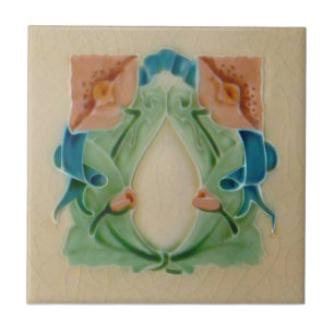 Art Nouveau Peach Munt Blauwgroen Floral Antiek Re Tegeltje