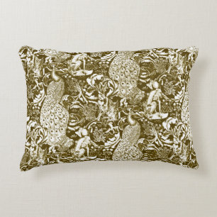 Art Nouveau Peacock Print, Brown en Cream Decoratief Kussen