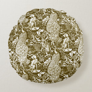 Art Nouveau Peacock Print, Brown en Cream Rond Kussen