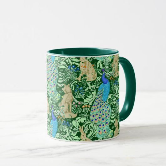 Art Nouveau Peacock Print, Cobalt Blue en Green Mok (Voorkant rechts)