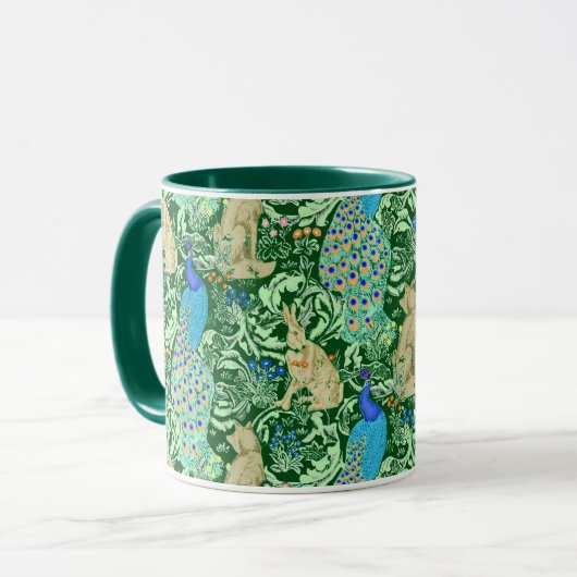 Art Nouveau Peacock Print, Cobalt Blue en Green Mok (Voorkant links)