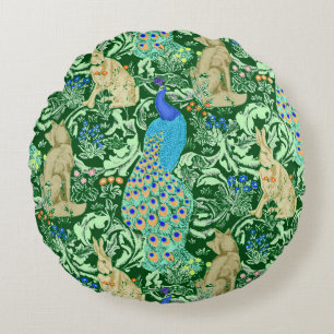 Art Nouveau Peacock Print, Cobalt Blue en Green Rond Kussen