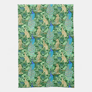 Art Nouveau Peacock Print, Cobalt Blue en Green Theedoek