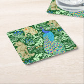 Art Nouveau Peacock Print, Cobalt Blue en Green Vierkante Kartonnen Onderzetter (Schuin)