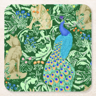 Art Nouveau Peacock Print, Cobalt Blue en Green Vierkante Kartonnen Onderzetter