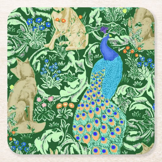 Art Nouveau Peacock Print, Cobalt Blue en Green Vierkante Kartonnen Onderzetter (Voorkant)