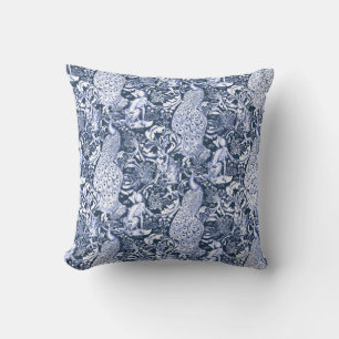 Art Nouveau Peacock Print, Navy and White Kussen