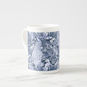 Art Nouveau Peacock Print, Navy and White Porselein Kop