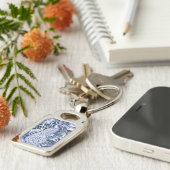 Art Nouveau Peacock Print, Navy and White Sleutelhanger (Zijkant)