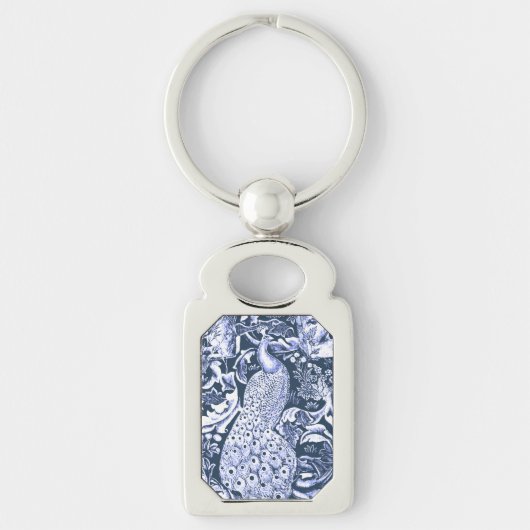 Art Nouveau Peacock Print, Navy and White Sleutelhanger (Voorkant)