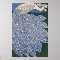  Art Nouveau Peacock Print, Retro Blue