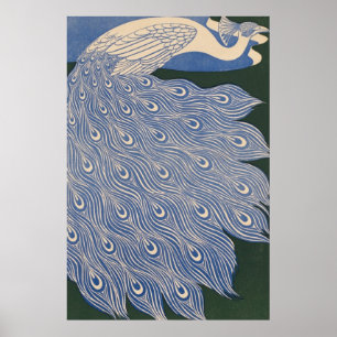 Art Nouveau Peacock Print, Retro Blue Poster