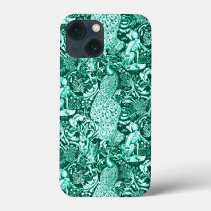 Art Nouveau Peacock Print, Turquoise en Aqua iPhone 13 Mini Hoesje