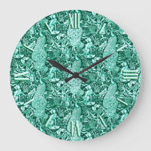 Art Nouveau Peacock Print, Turquoise en Aqua Grote Klok