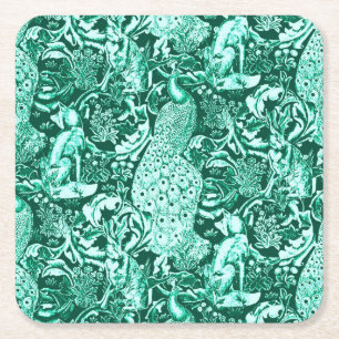 Art Nouveau Peacock Print, Turquoise en Aqua Vierkante Kartonnen Onderzetter
