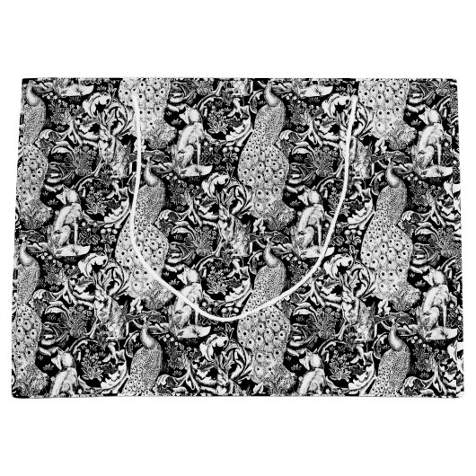 Art Nouveau Peacock Print, zwart en wit Groot Cadeauzakje (Voorkant)