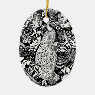 Art Nouveau Peacock Print, zwart en wit Keramisch Ornament