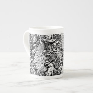 Art Nouveau Peacock Print, zwart en wit Porselein Kop