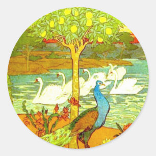 Art Nouveau Peacocks en Swans Ronde Sticker