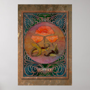 Art Nouveau Poppies in een Coppery Mucha-Lijst Poster