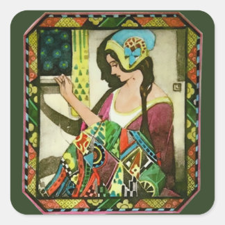 Art Nouveau Quilter Poster – Vintage Sewing Woman  Vierkante Sticker