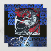 ART NOUVEAU RED BLACK BLUE WHITE DAMASK MONOGRAM KAART (Voorkant / Achterkant)
