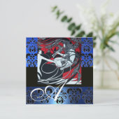 ART NOUVEAU RED BLACK BLUE WHITE DAMASK MONOGRAM KAART (Staand voorkant)