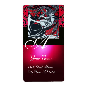 ART NOUVEAU RED BLACK GOLD DAMASK MONOGRAM, ruby Etiket