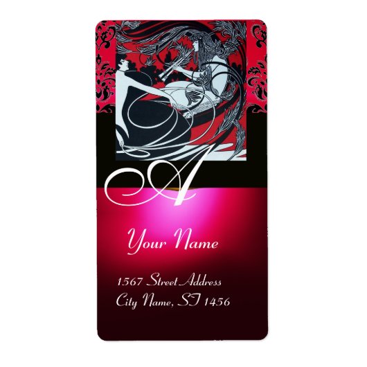 ART NOUVEAU RED BLACK GOLD DAMASK MONOGRAM, ruby Etiket (Voorkant)
