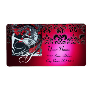 ART NOUVEAU RED BLACK GOLD DAMASK MONOGRAM, ruby Etiket