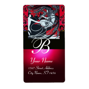 ART NOUVEAU RED BLACK GOLD DAMASK MONOGRAM, ruby Etiket