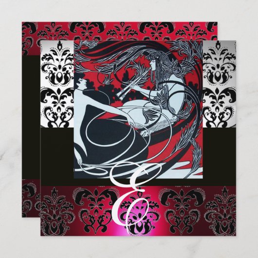 ART NOUVEAU RED BLACK GRAY SILVER DAMASK MONOGRAM KAART (Voorkant / Achterkant)