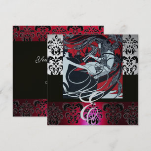 ART NOUVEAU RED BLACK GRAY SILVER DAMASK MONOGRAM KAART