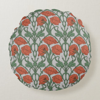 Art Nouveau Red Poppy Floral Print Rond Kussen