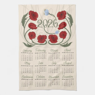 Art Nouveau Retro Bloemen Rood Poppy 2026 Kalender Theedoek