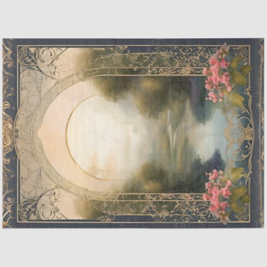 Art Nouveau Rococo Castle Navy n Gold Ephemera 5A Tissuepapier (Voorkant)