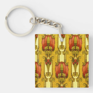 Art Nouveau rood tulp bloempatroon uit het verlede Sleutelhanger