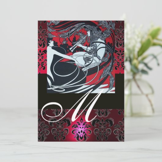 ART NOUVEAU ROOD ZWART WIT DAMAST MONOGRAM, Robijn Kaart (Staand voorkant)