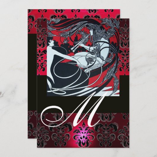 ART NOUVEAU ROOD ZWART WIT DAMAST MONOGRAM, Robijn Kaart (Voorkant / Achterkant)